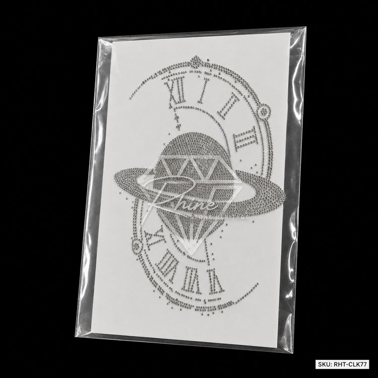 Strass-Bügelfolie „Diamantplanet Römische Uhr“ | Bügelbild in Silber & Schwarz