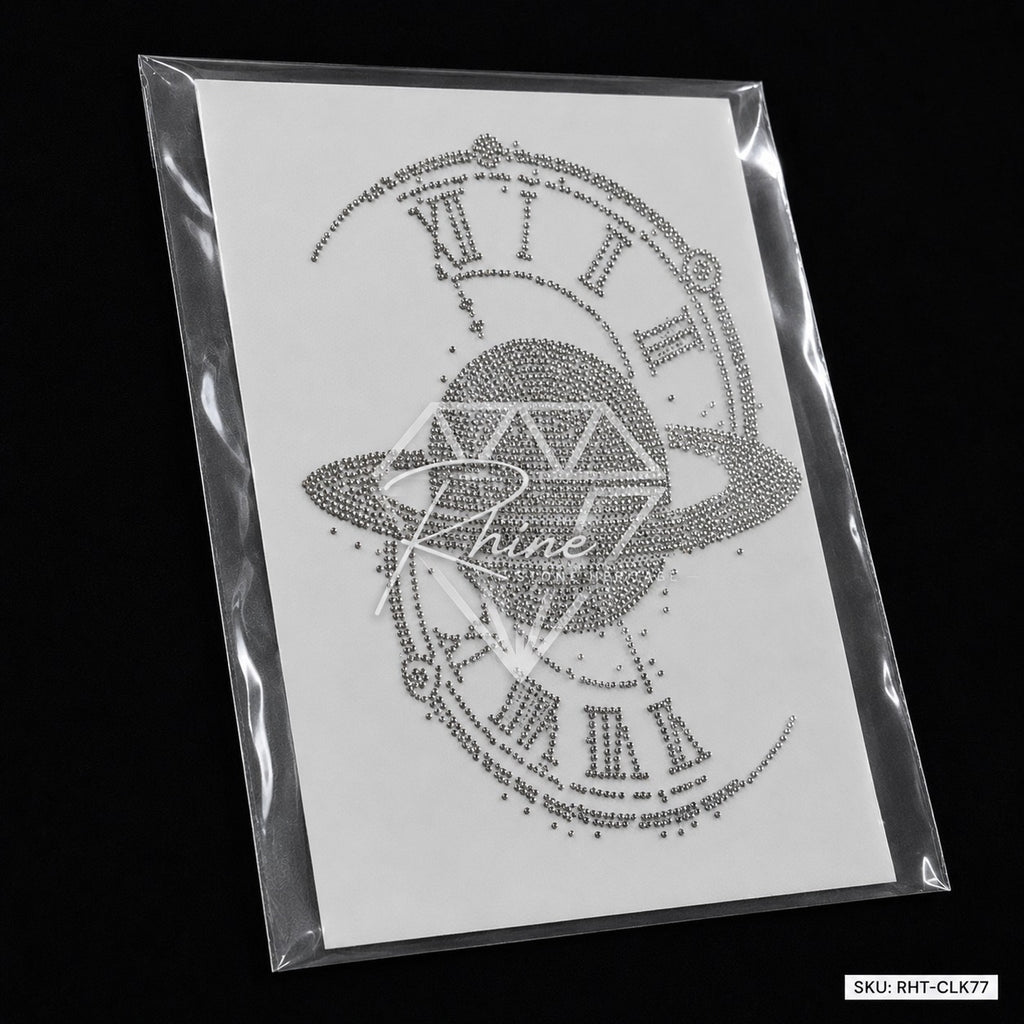 Diamond Planet Roman Clock Rhinestone Hotfix Sticker | Silver & Black Iron-On Transfer