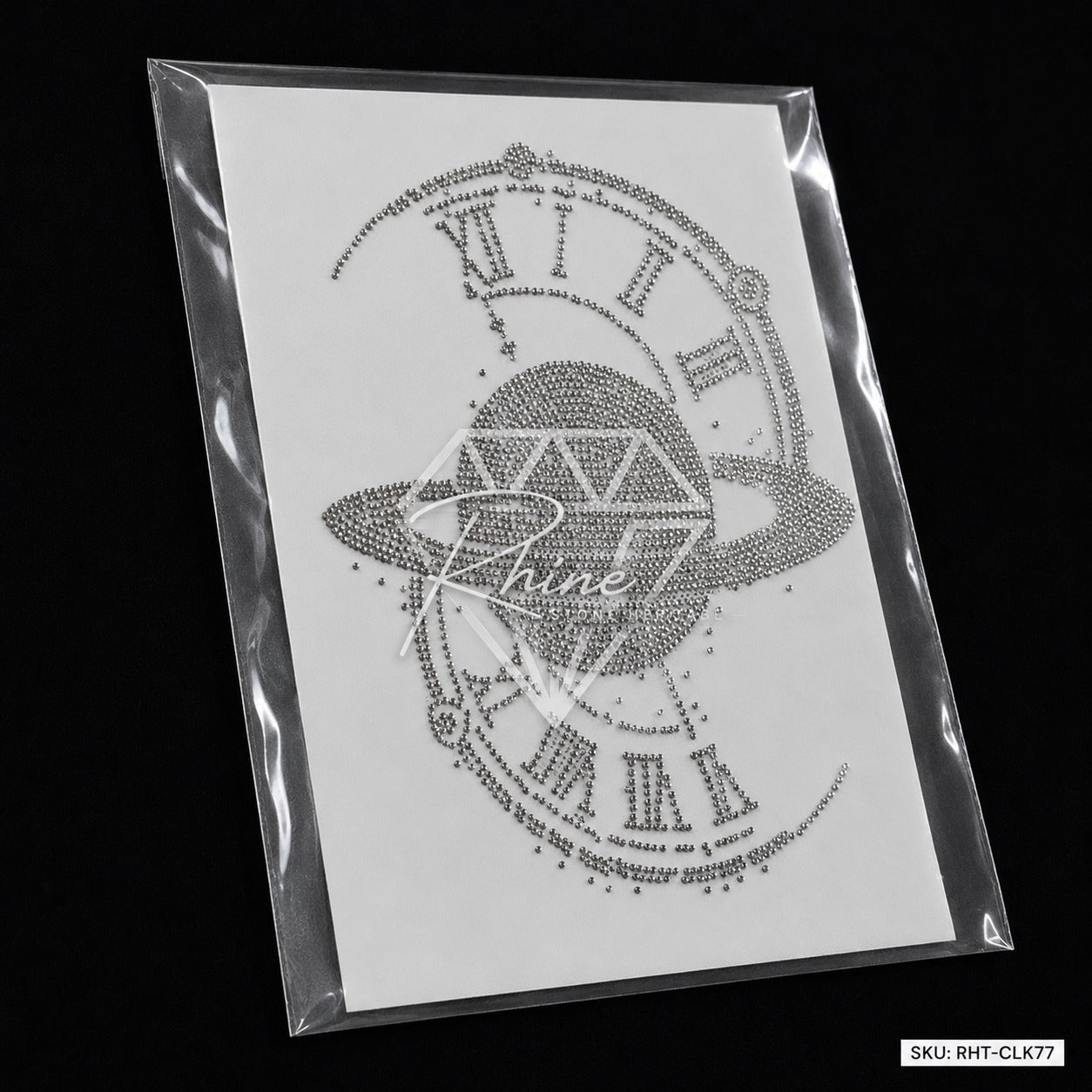 Diamond Planet Roman Clock Rhinestone Hotfix Sticker | Silver & Black Iron-On Transfer