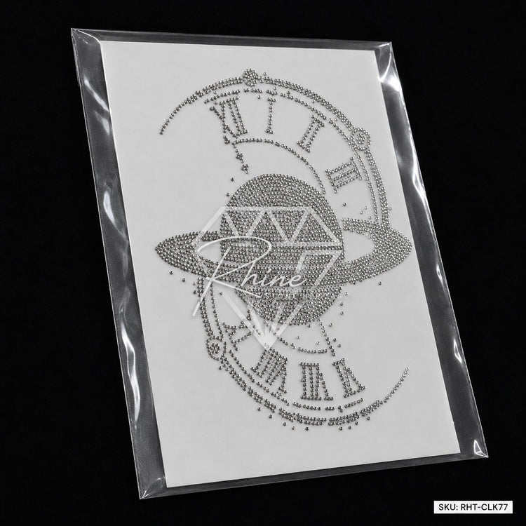 Strass-Bügelfolie „Diamantplanet Römische Uhr“ | Bügelbild in Silber & Schwarz