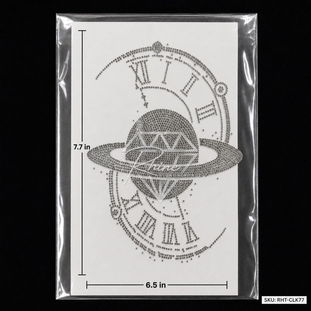 Diamond Planet Roman Clock Rhinestone Hotfix Sticker | Silver & Black Iron-On Transfer
