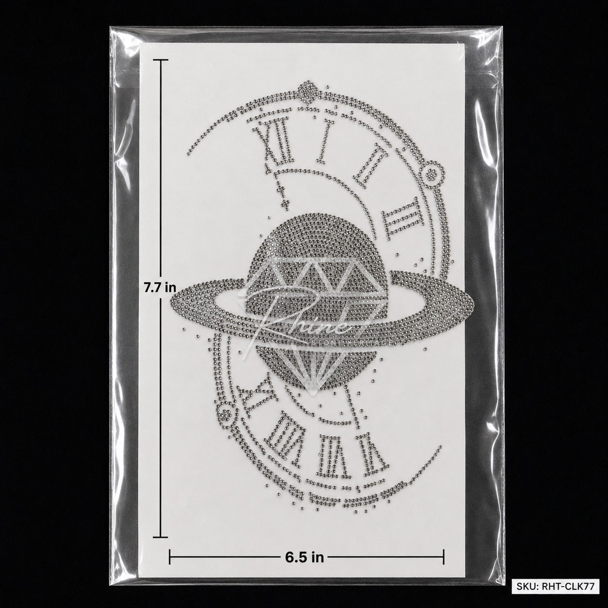 Diamond Planet Roman Clock Rhinestone Hotfix Sticker | Silver & Black Iron-On Transfer