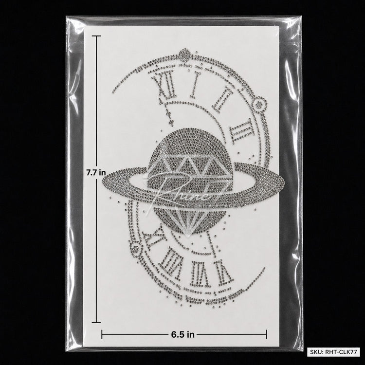Diamond Planet Roman Clock Rhinestone Hotfix Sticker | Silver & Black Iron-On Transfer | Set of 2