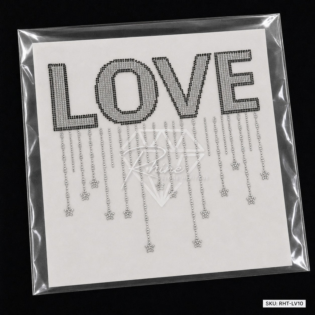 LOVE Drip Rhinestone Hotfix Sticker | Black & Silver Iron-On Transfer for T-Shirts