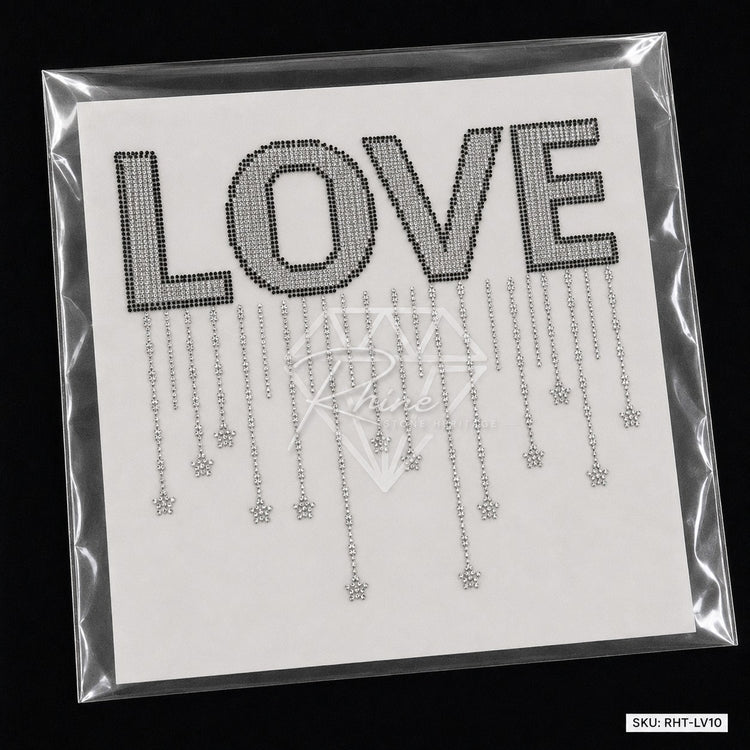 LOVE Drip Rhinestone Hotfix Sticker | Black & Silver Iron-On Transfer for T-Shirts