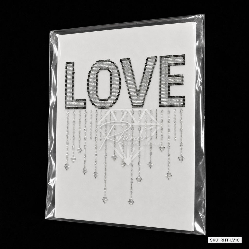 LOVE Drip Rhinestone Hotfix Sticker | Black & Silver Iron-On Transfer for T-Shirts