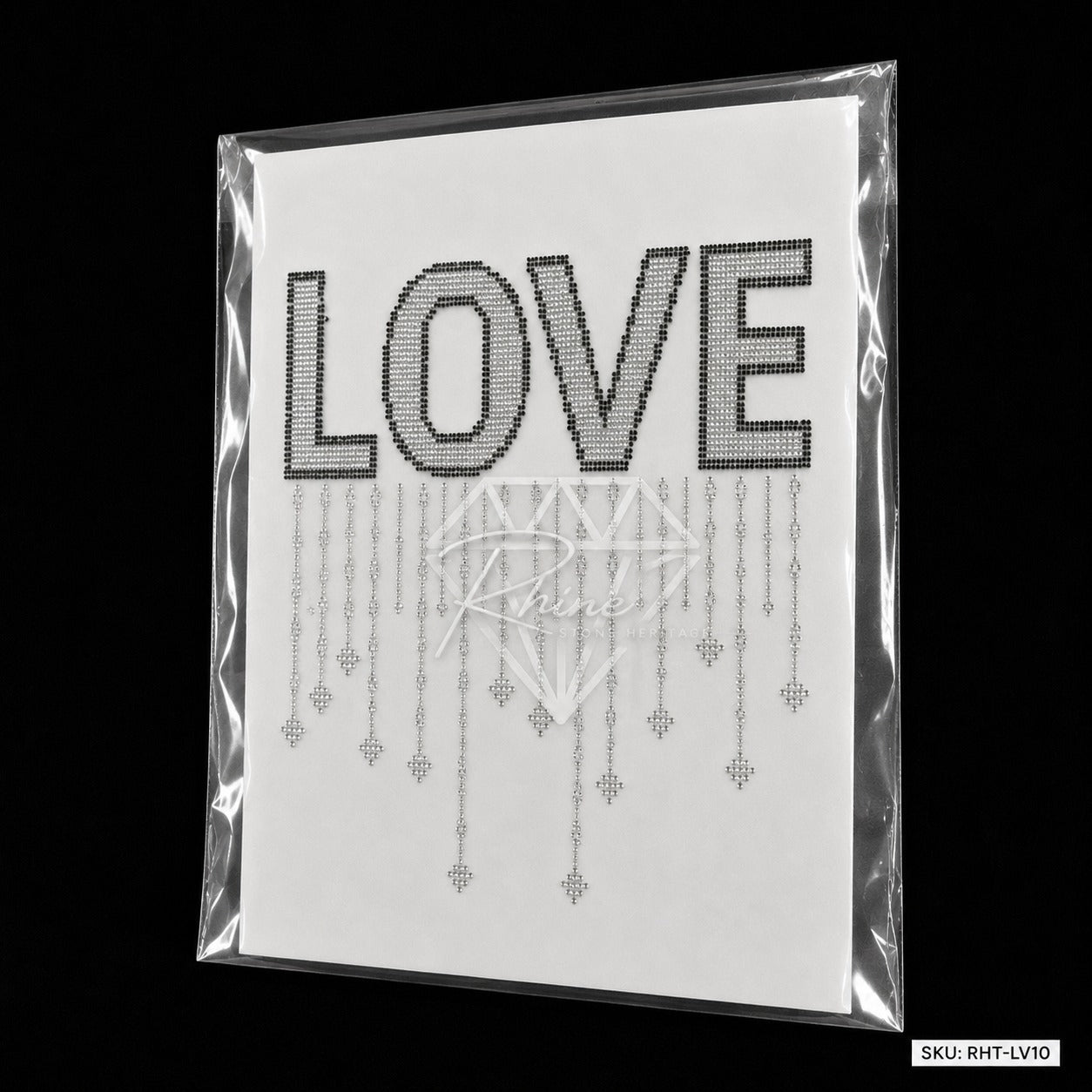 LOVE Drip Rhinestone Hotfix Sticker | Black & Silver Iron-On Transfer for T-Shirts