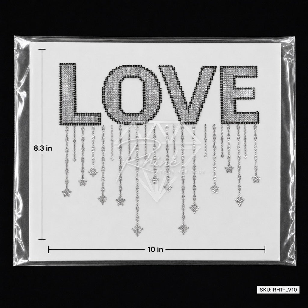 LOVE Drip Rhinestone Hotfix Sticker | Black & Silver Iron-On Transfer for T-Shirts