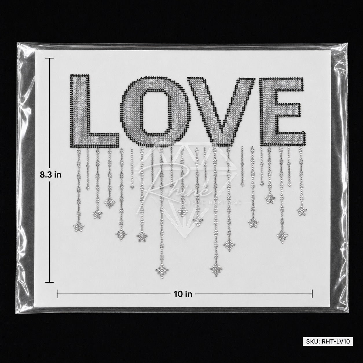 LOVE Drip Rhinestone Hotfix Sticker | Black & Silver Iron-On Transfer for T-Shirts