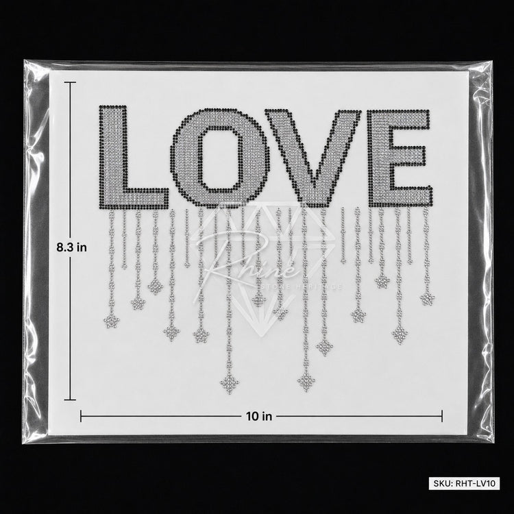 LOVE Drip Rhinestone Hotfix Sticker | Black & Silver Iron-On Transfer for T-Shirts