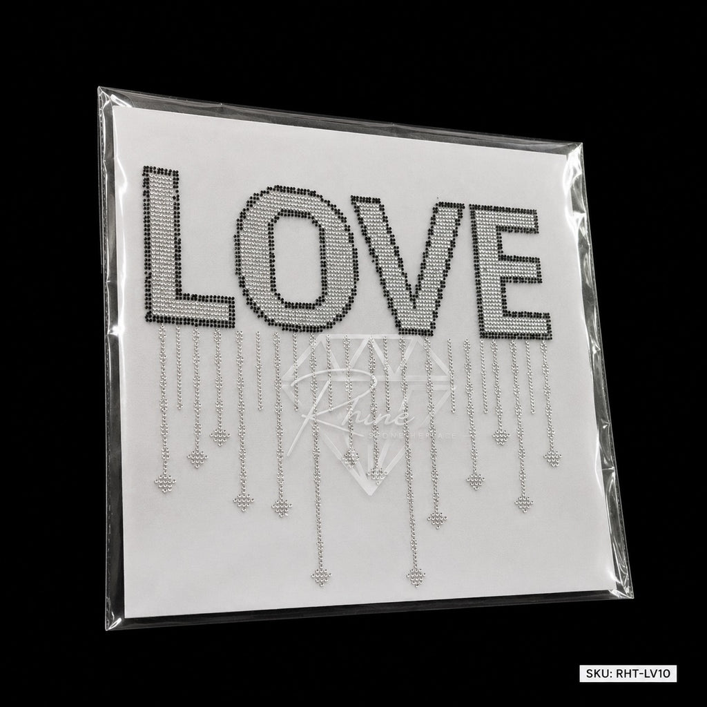 LOVE Drip Rhinestone Hotfix Sticker | Black & Silver Iron-On Transfer for T-Shirts