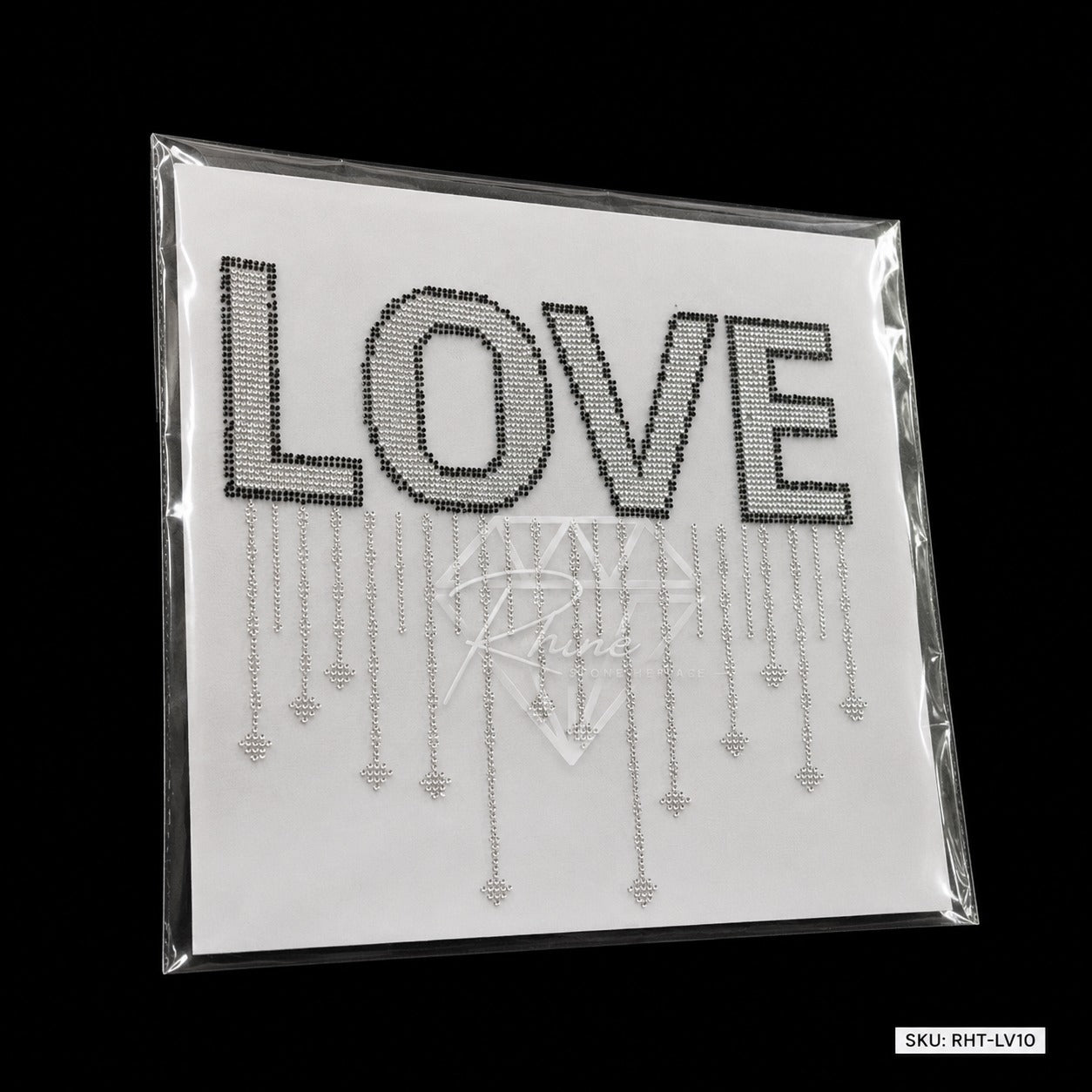 LOVE Drip Rhinestone Hotfix Sticker | Black & Silver Iron-On Transfer for T-Shirts