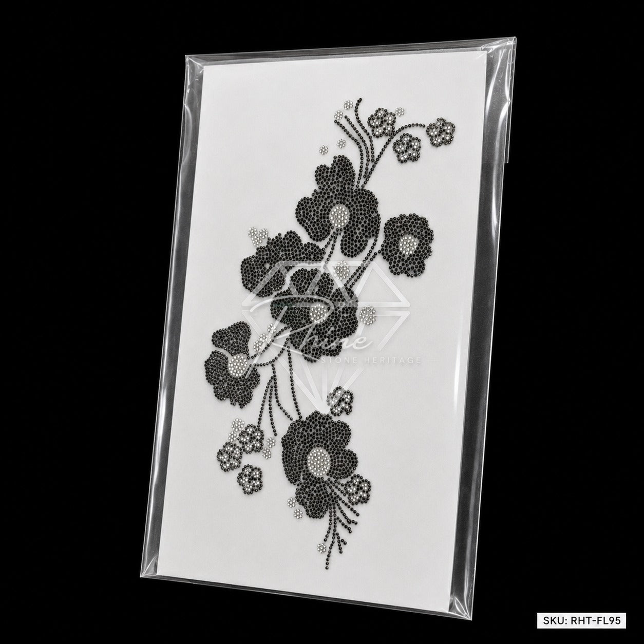 Cascading Floral Boota Rhinestone Hotfix Sticker | One-Side Men's Shirt Design | Black & Silver Iron-On Transfer