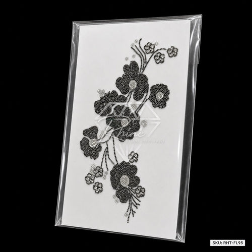 Cascading Floral Boota Rhinestone Hotfix Sticker | One-Side Men's Shirt Design | Black & Silver Iron-On Transfer