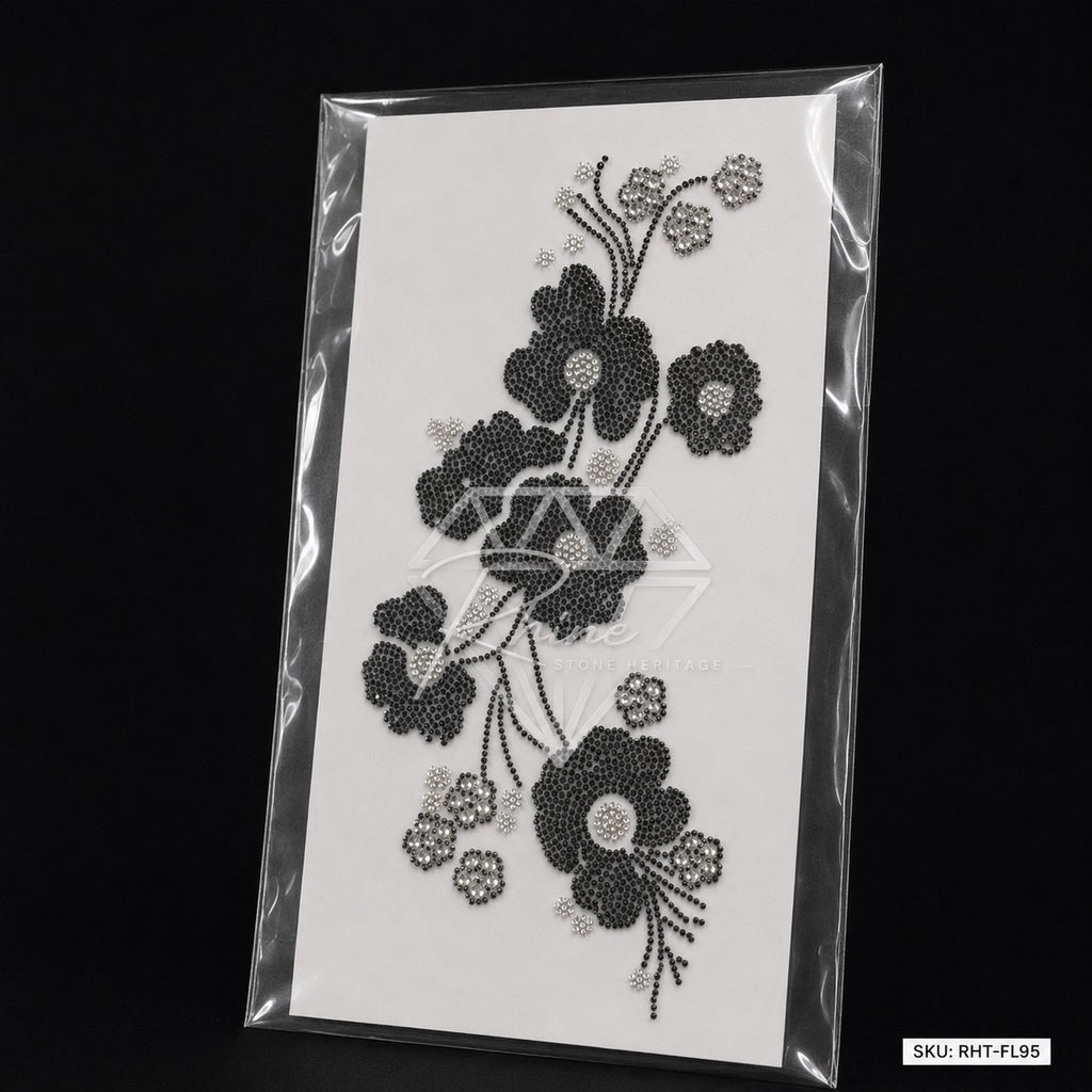 Cascading Floral Boota Rhinestone Hotfix Sticker | One-Side Men's Shirt Design | Black & Silver Iron-On Transfer
