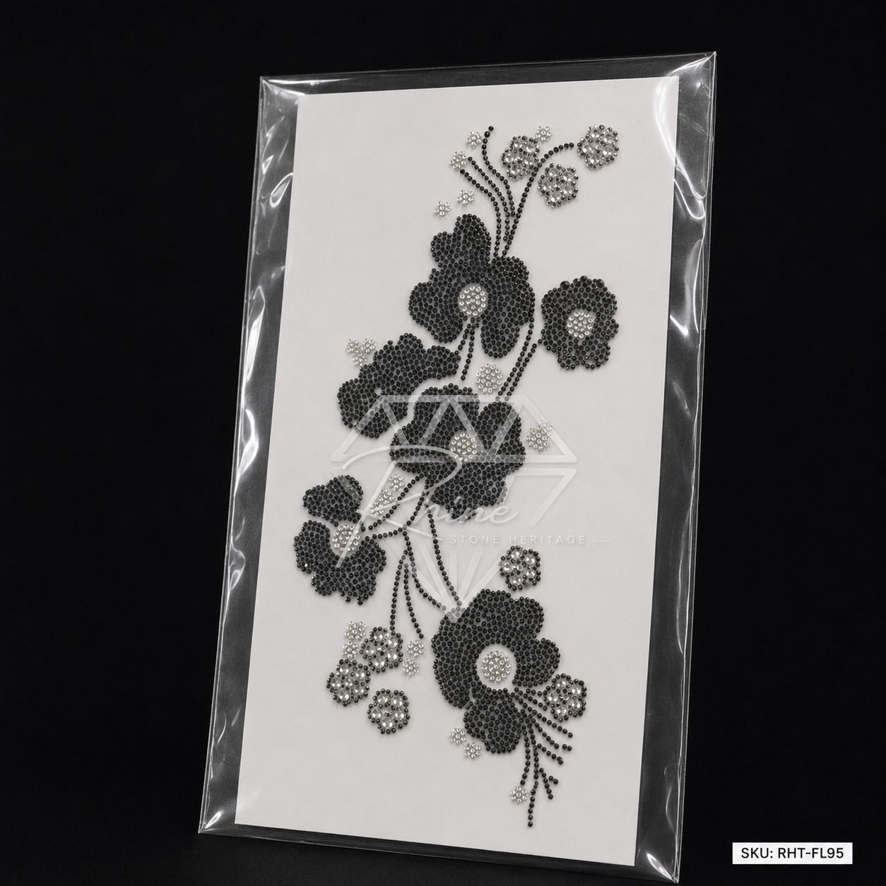 Cascading Floral Boota Rhinestone Hotfix Sticker | One-Side Men's Shirt Design | Black & Silver Iron-On Transfer