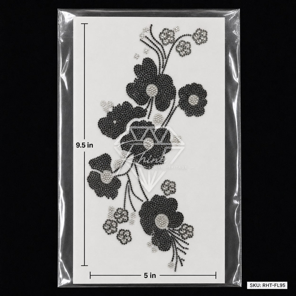 Cascading Floral Boota Rhinestone Hotfix Sticker | One-Side Men's Shirt Design | Black & Silver Iron-On Transfer
