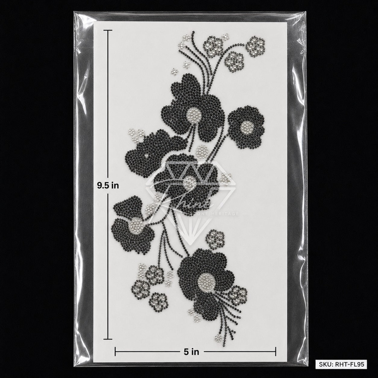 Cascading Floral Boota Rhinestone Hotfix Sticker | One-Side Men's Shirt Design | Black & Silver Iron-On Transfer