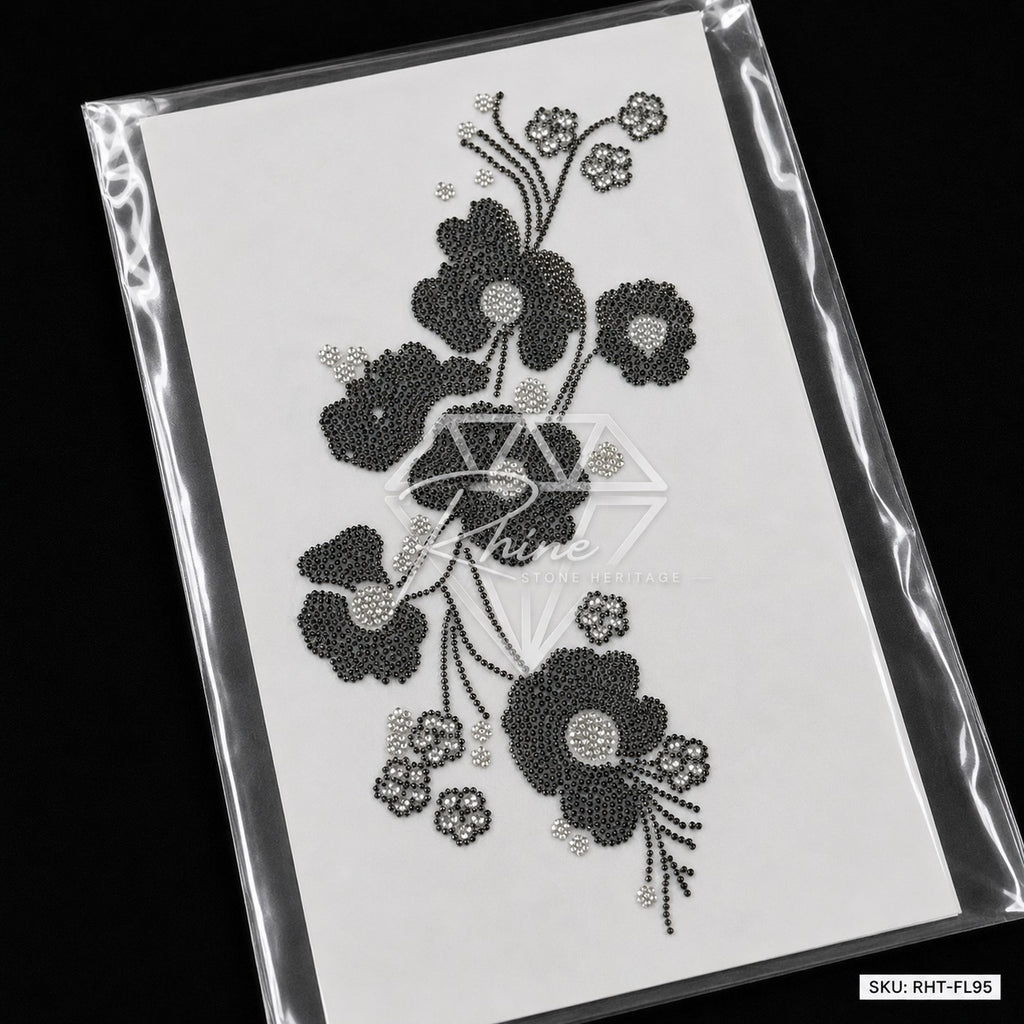 Cascading Floral Boota Rhinestone Hotfix Sticker | One-Side Men's Shirt Design | Black & Silver Iron-On Transfer