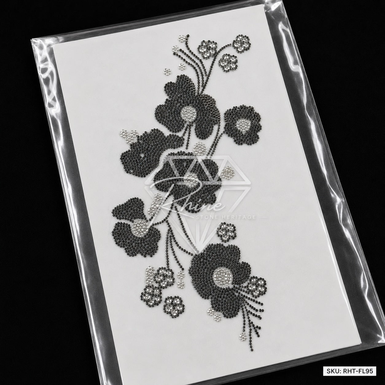 Cascading Floral Boota Rhinestone Hotfix Sticker | One-Side Men's Shirt Design | Black & Silver Iron-On Transfer