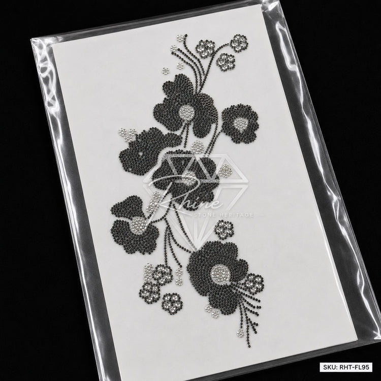 Cascading Floral Boota Rhinestone Hotfix Sticker | One-Side Men's Shirt Design | Black & Silver Iron-On Transfer