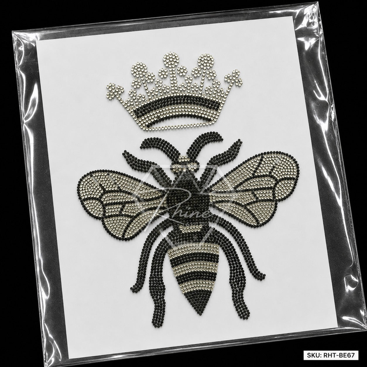 Queen Bee & Crown Rhinestone Hotfix Sticker | Black & Silver Iron-On Transfer