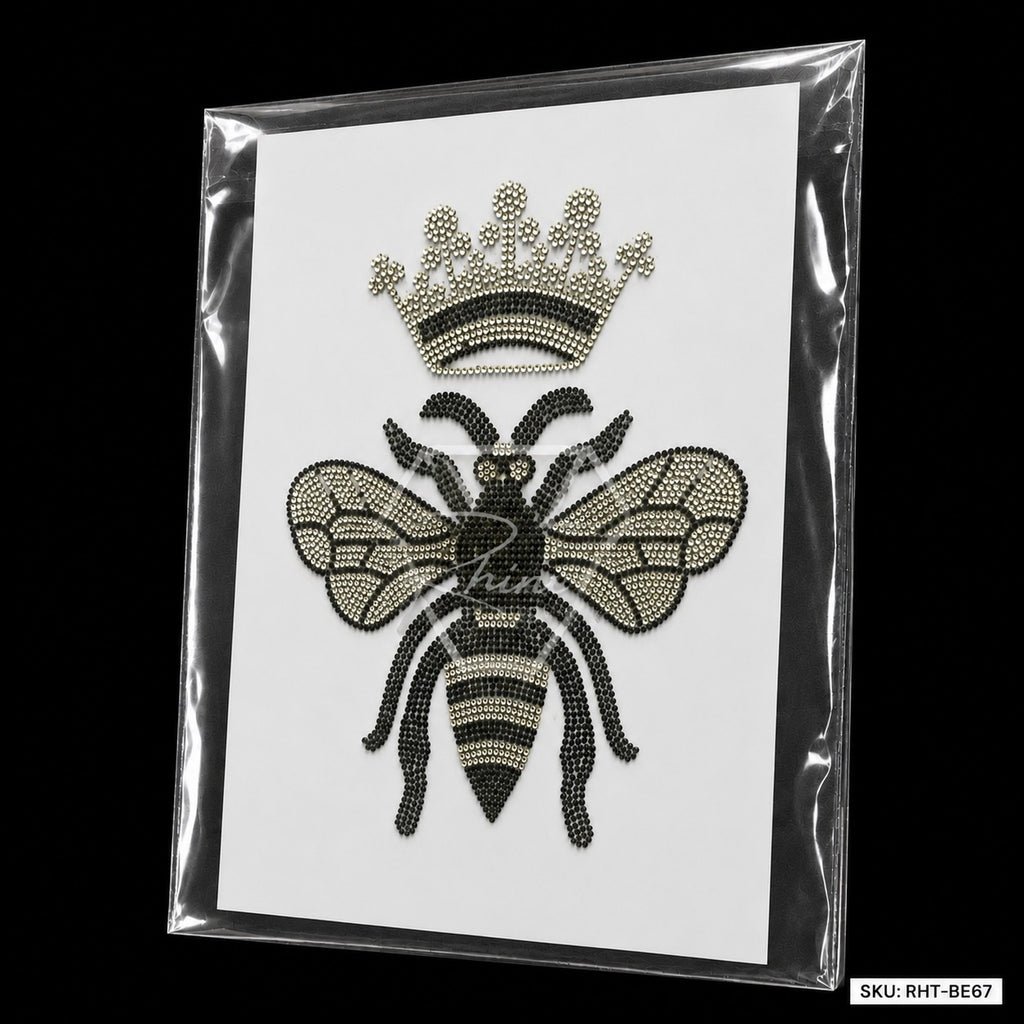Queen Bee & Crown Rhinestone Hotfix Sticker | Black & Silver Iron-On Transfer