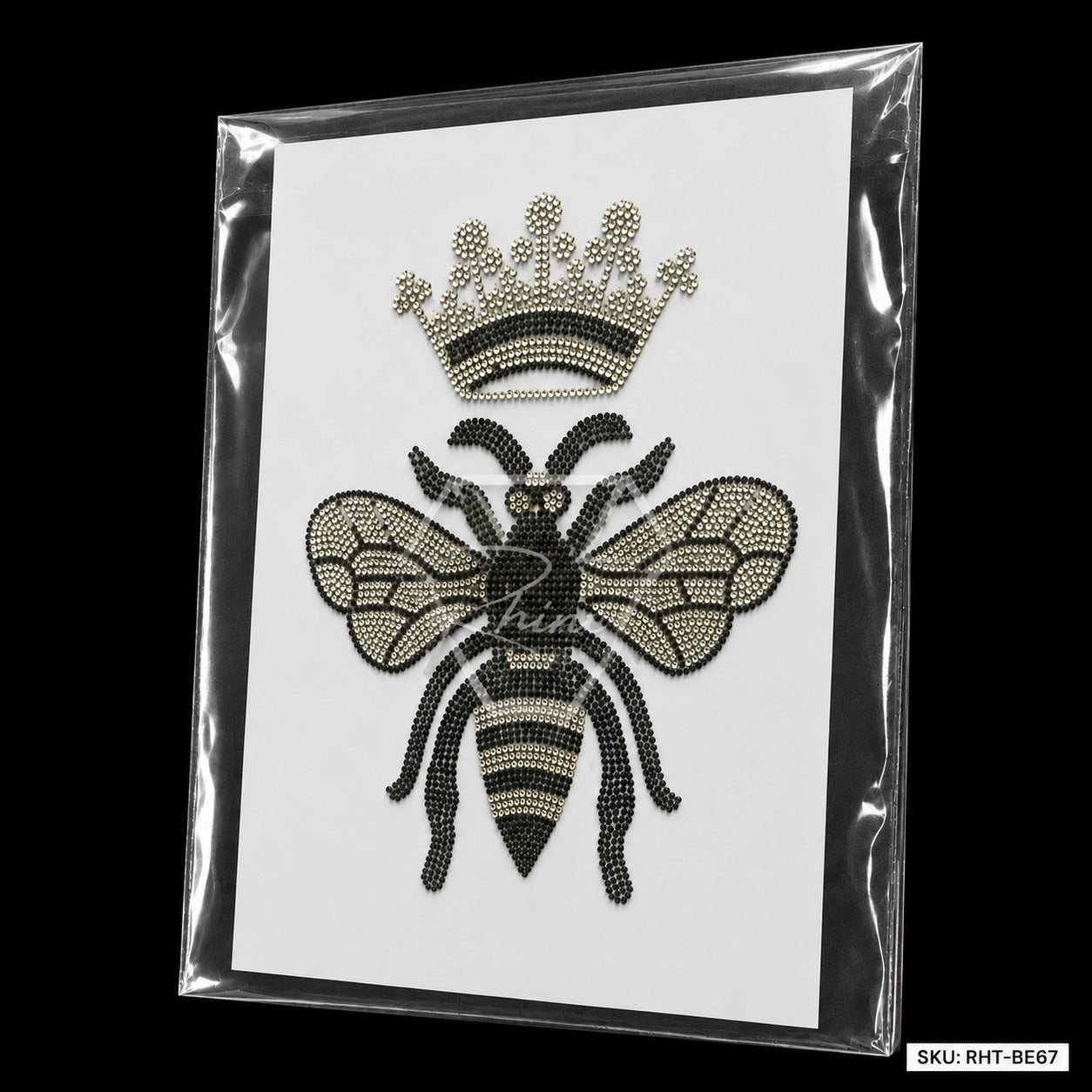 Queen Bee & Crown Rhinestone Hotfix Sticker | Black & Silver Iron-On Transfer