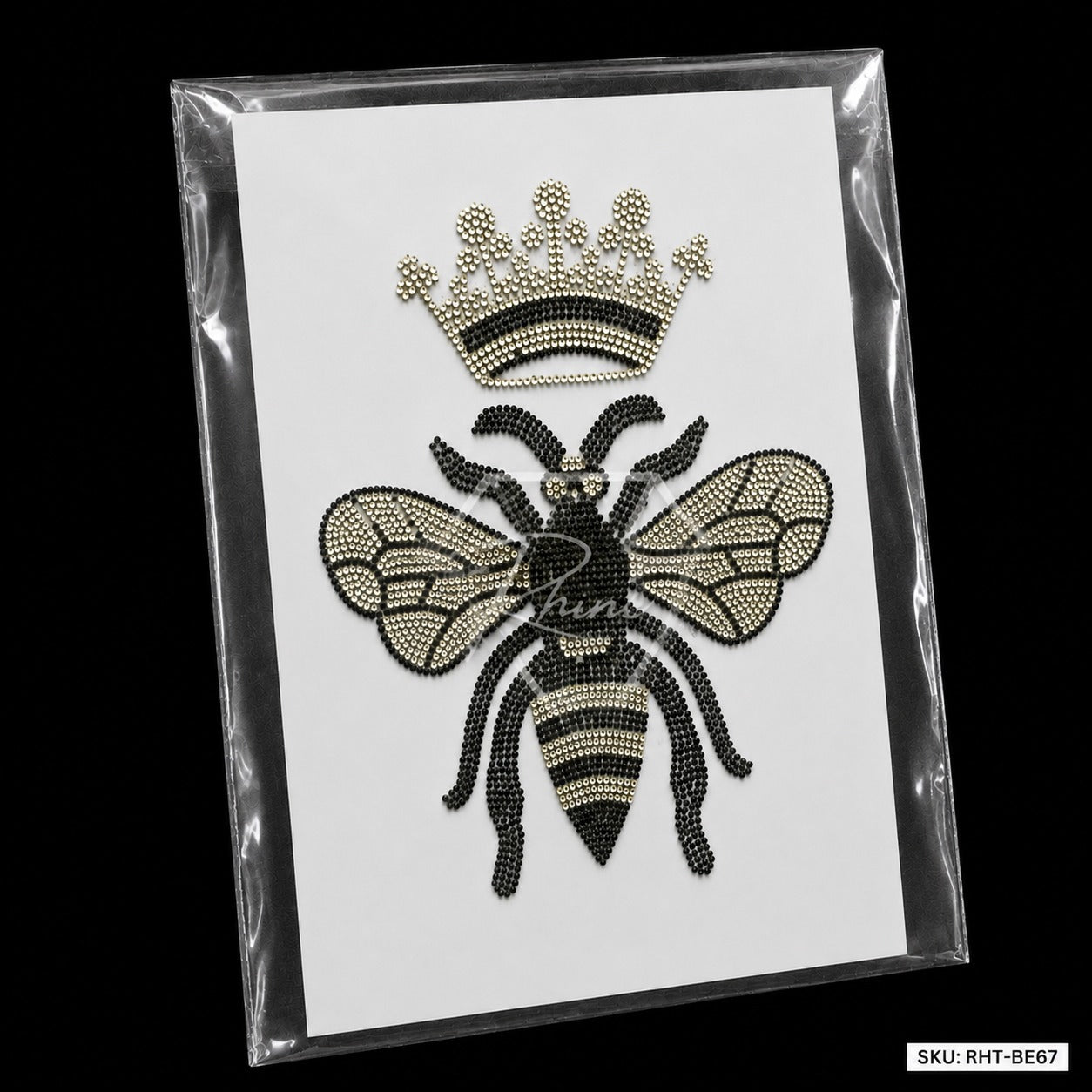Queen Bee & Crown Rhinestone Hotfix Sticker | Black & Silver Iron-On Transfer