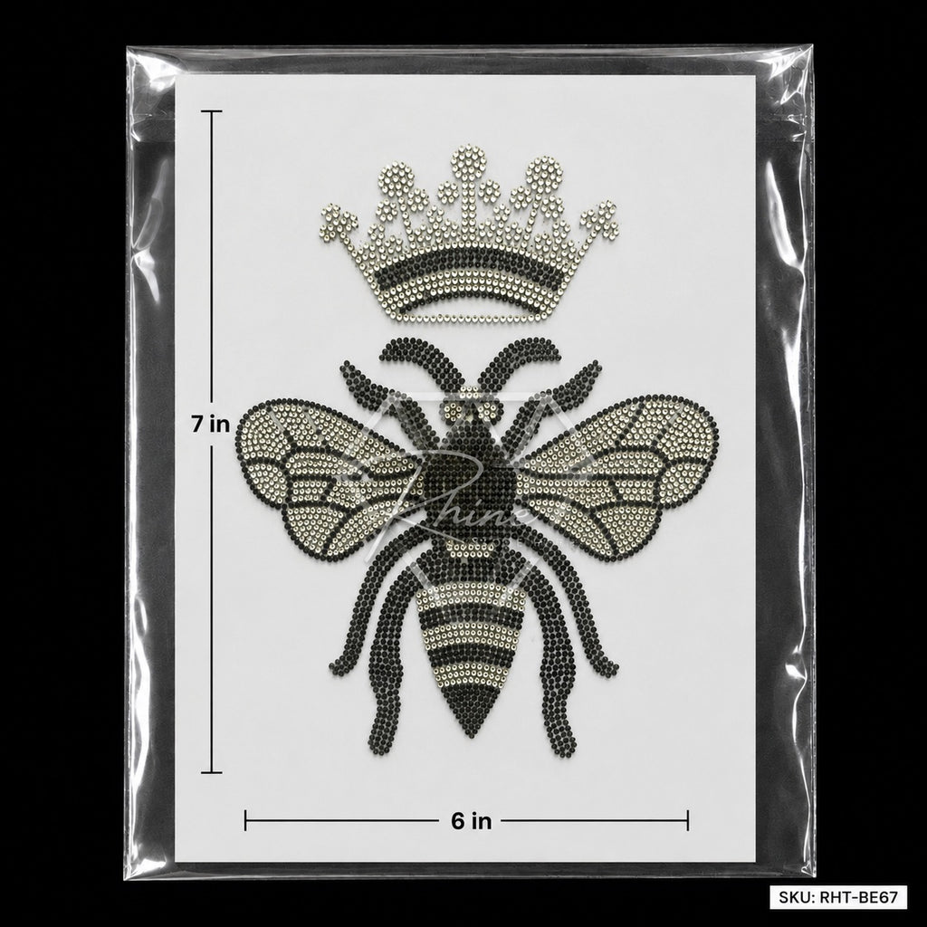 Queen Bee & Crown Rhinestone Hotfix Sticker | Black & Silver Iron-On Transfer