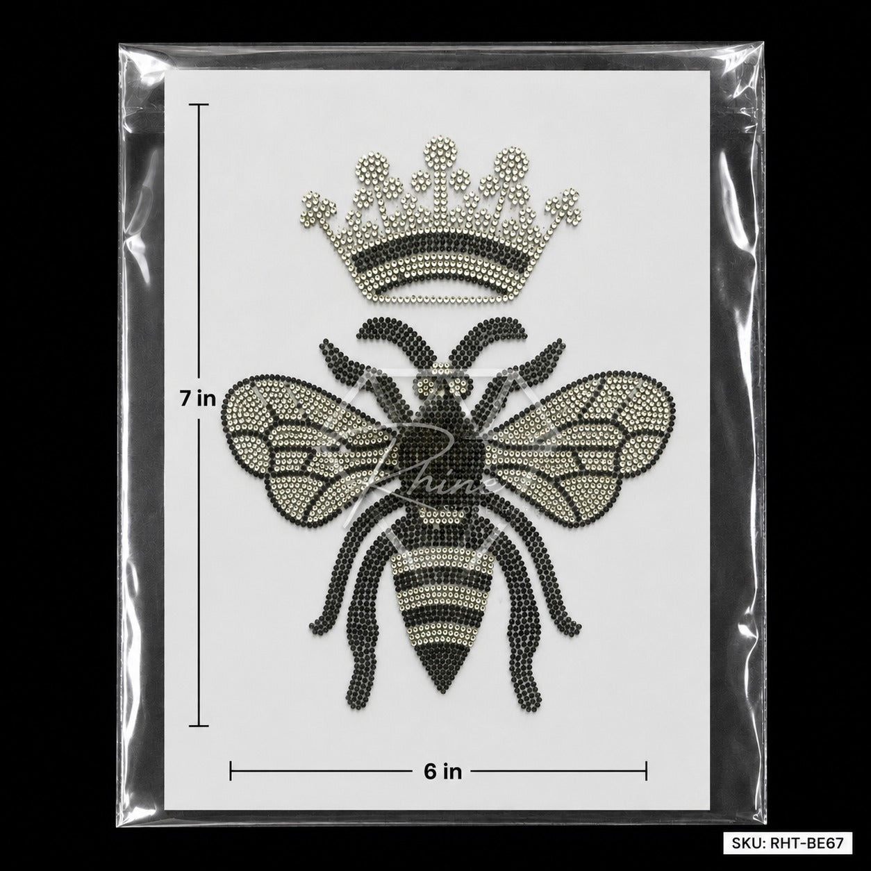 Queen Bee & Crown Rhinestone Hotfix Sticker | Black & Silver Iron-On Transfer