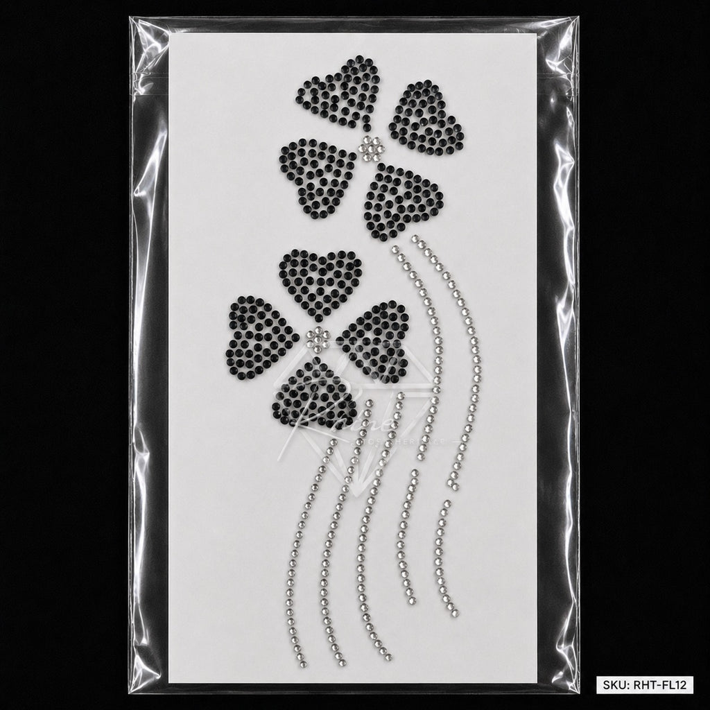 Four Petal Flower Crystal Drip Rhinestone Hotfix Sticker | Black & Silver Iron-On Transfer