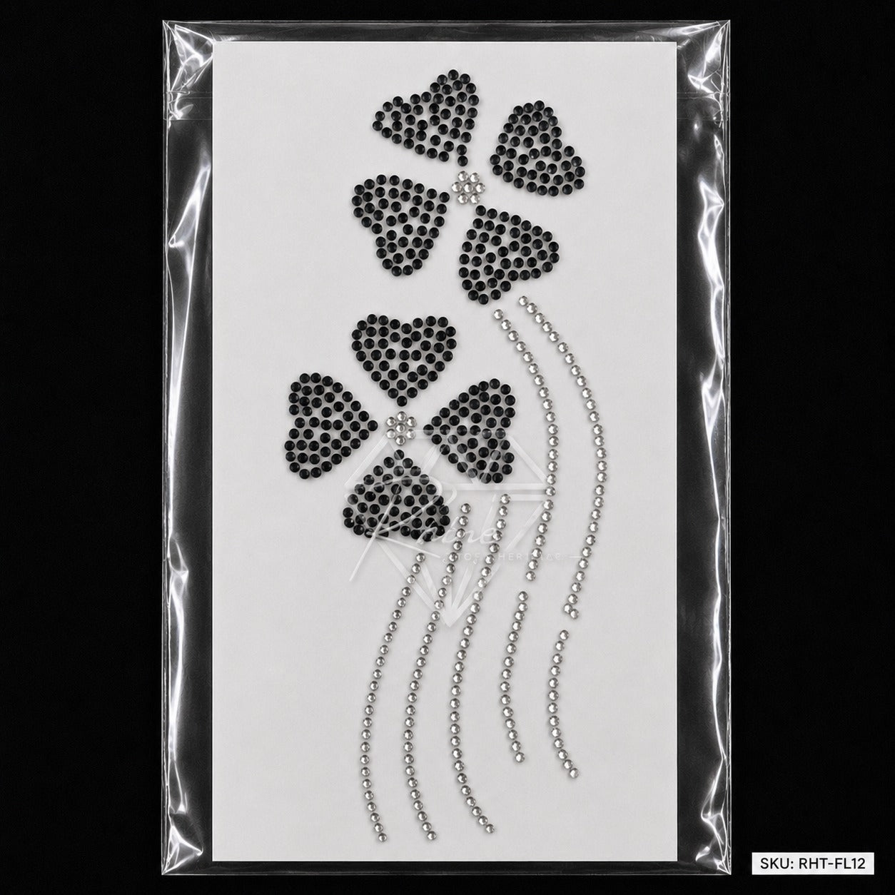 Four Petal Flower Crystal Drip Rhinestone Hotfix Sticker | Black & Silver Iron-On Transfer