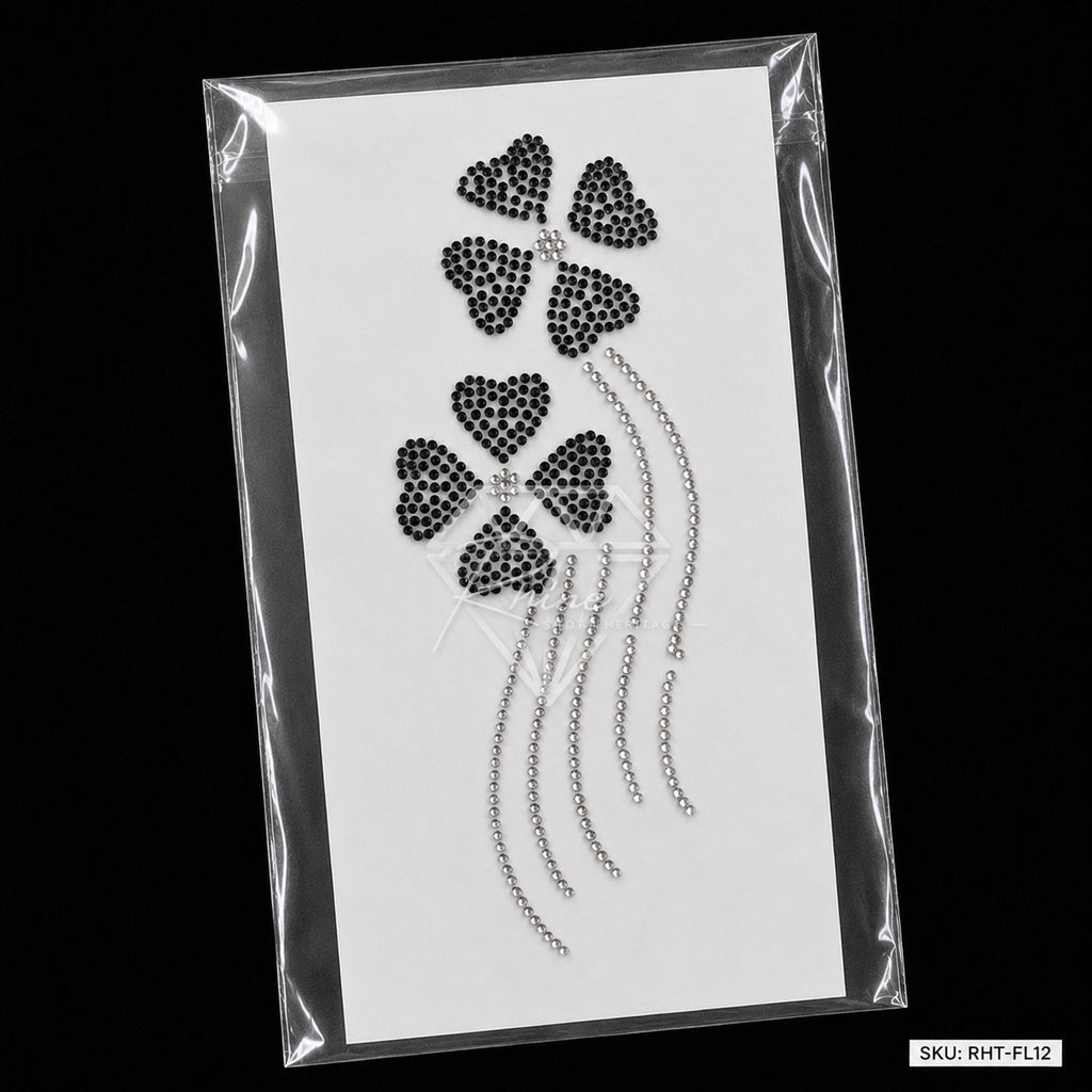 Four Petal Flower Crystal Drip Rhinestone Hotfix Sticker | Black & Silver Iron-On Transfer