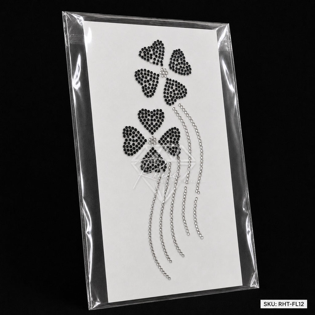 Four Petal Flower Crystal Drip Rhinestone Hotfix Sticker | Black & Silver Iron-On Transfer