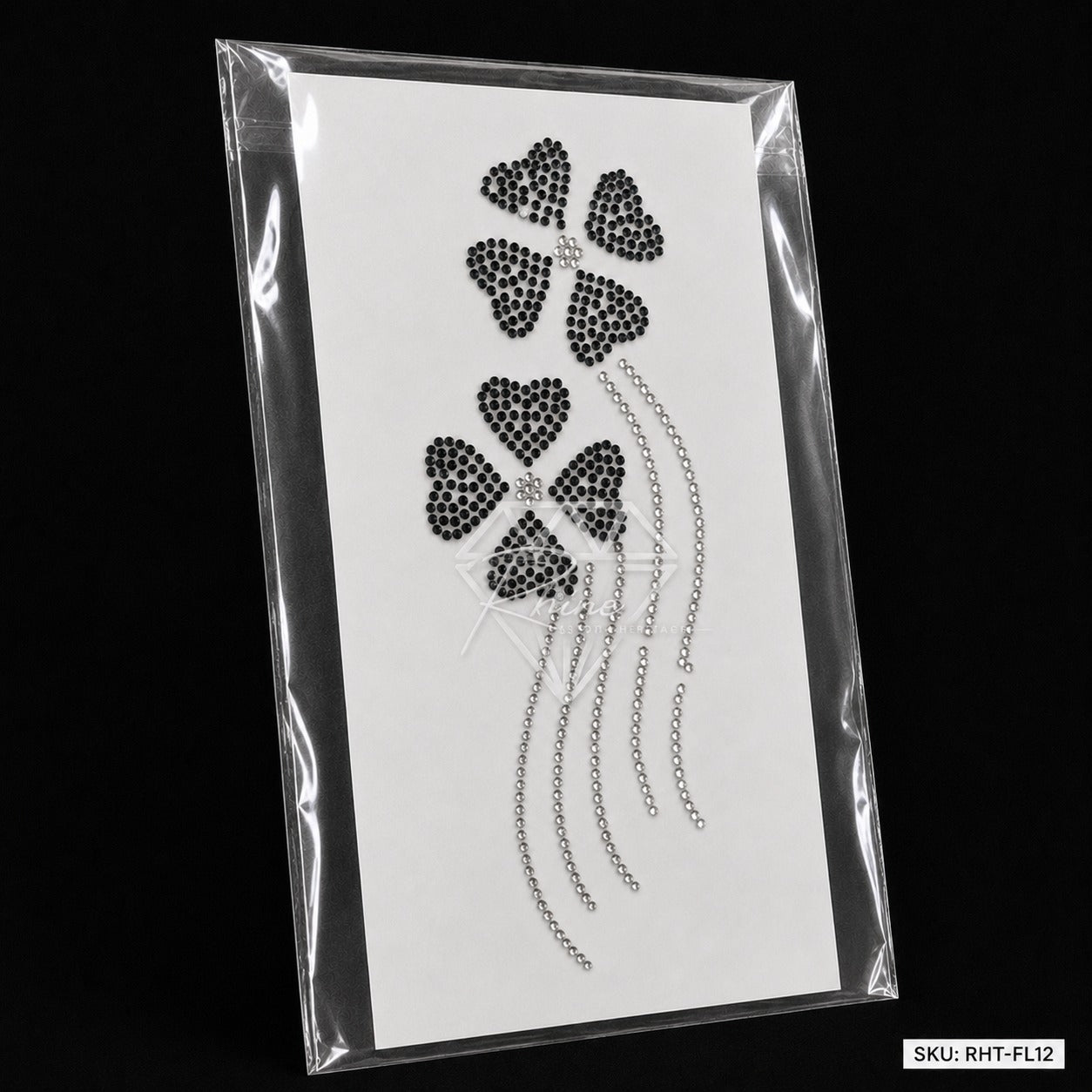 Four Petal Flower Crystal Drip Rhinestone Hotfix Sticker | Black & Silver Iron-On Transfer