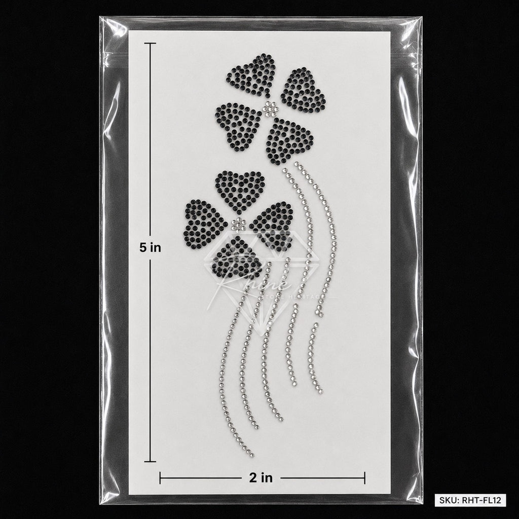 Four Petal Flower Crystal Drip Rhinestone Hotfix Sticker | Black & Silver Iron-On Transfer