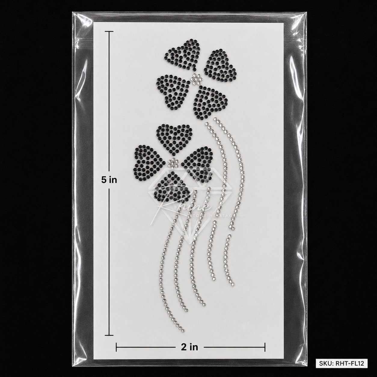 Four Petal Flower Crystal Drip Rhinestone Hotfix Sticker | Black & Silver Iron-On Transfer