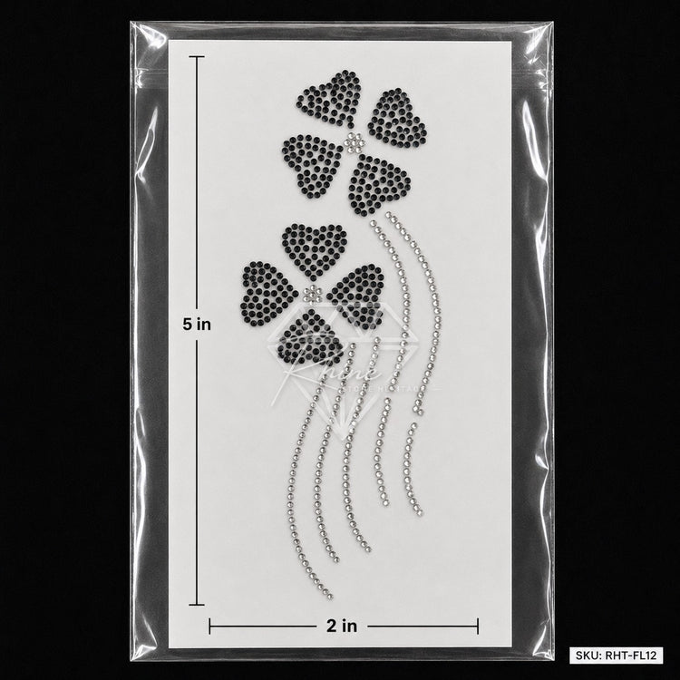 Four Petal Flower Crystal Drip Rhinestone Hotfix Sticker | Black & Silver Iron-On Transfer