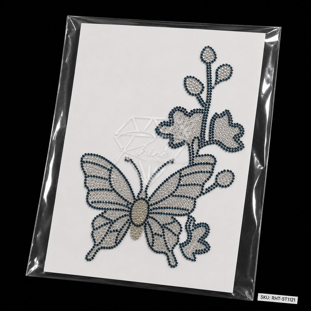 Butterfly & Hibiscus Flower Rhinestone Hotfix Sticker | Montana Blue & Silver Iron-On Transfer