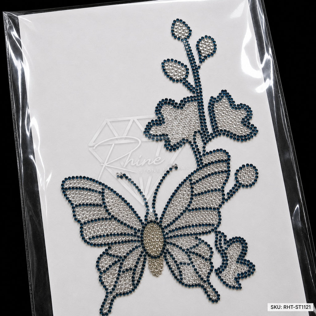 Butterfly & Hibiscus Flower Rhinestone Hotfix Sticker | Montana Blue & Silver Iron-On Transfer