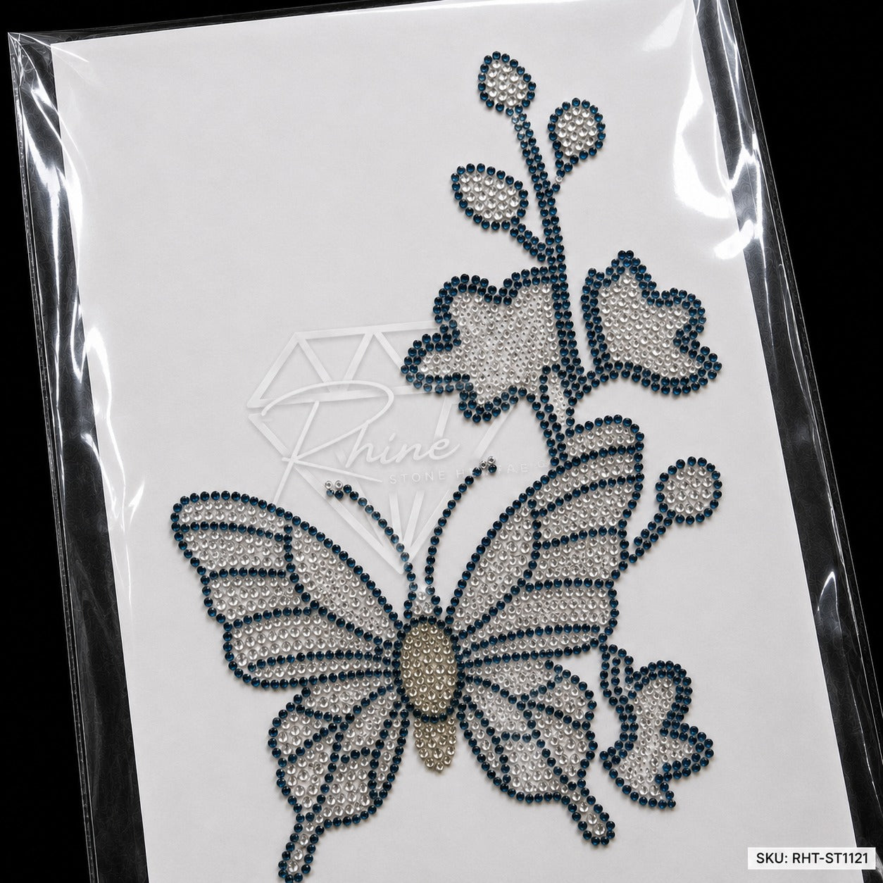 Butterfly & Hibiscus Flower Rhinestone Hotfix Sticker | Montana Blue & Silver Iron-On Transfer