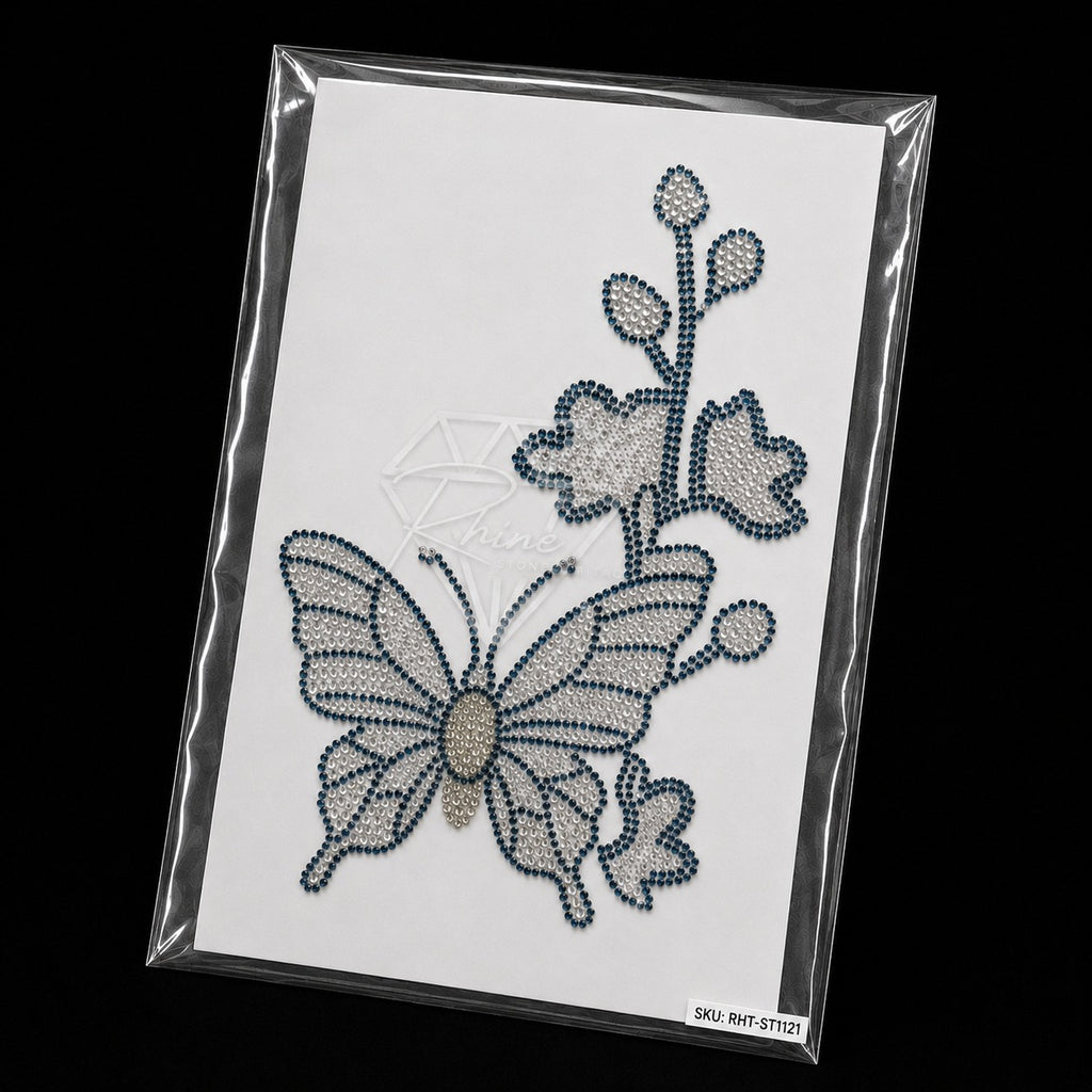 Butterfly & Hibiscus Flower Rhinestone Hotfix Sticker | Montana Blue & Silver Iron-On Transfer