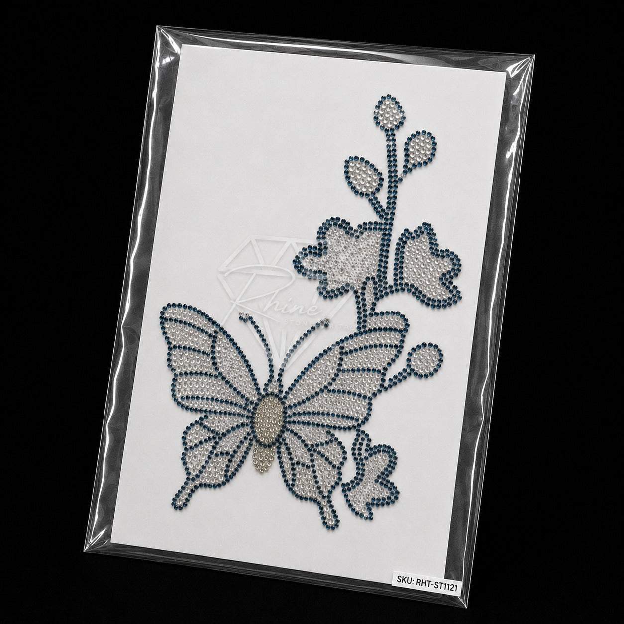 Butterfly & Hibiscus Flower Rhinestone Hotfix Sticker | Montana Blue & Silver Iron-On Transfer