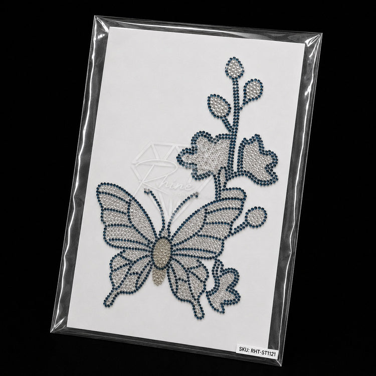 Butterfly & Hibiscus Flower Rhinestone Hotfix Sticker | Montana Blue & Silver Iron-On Transfer