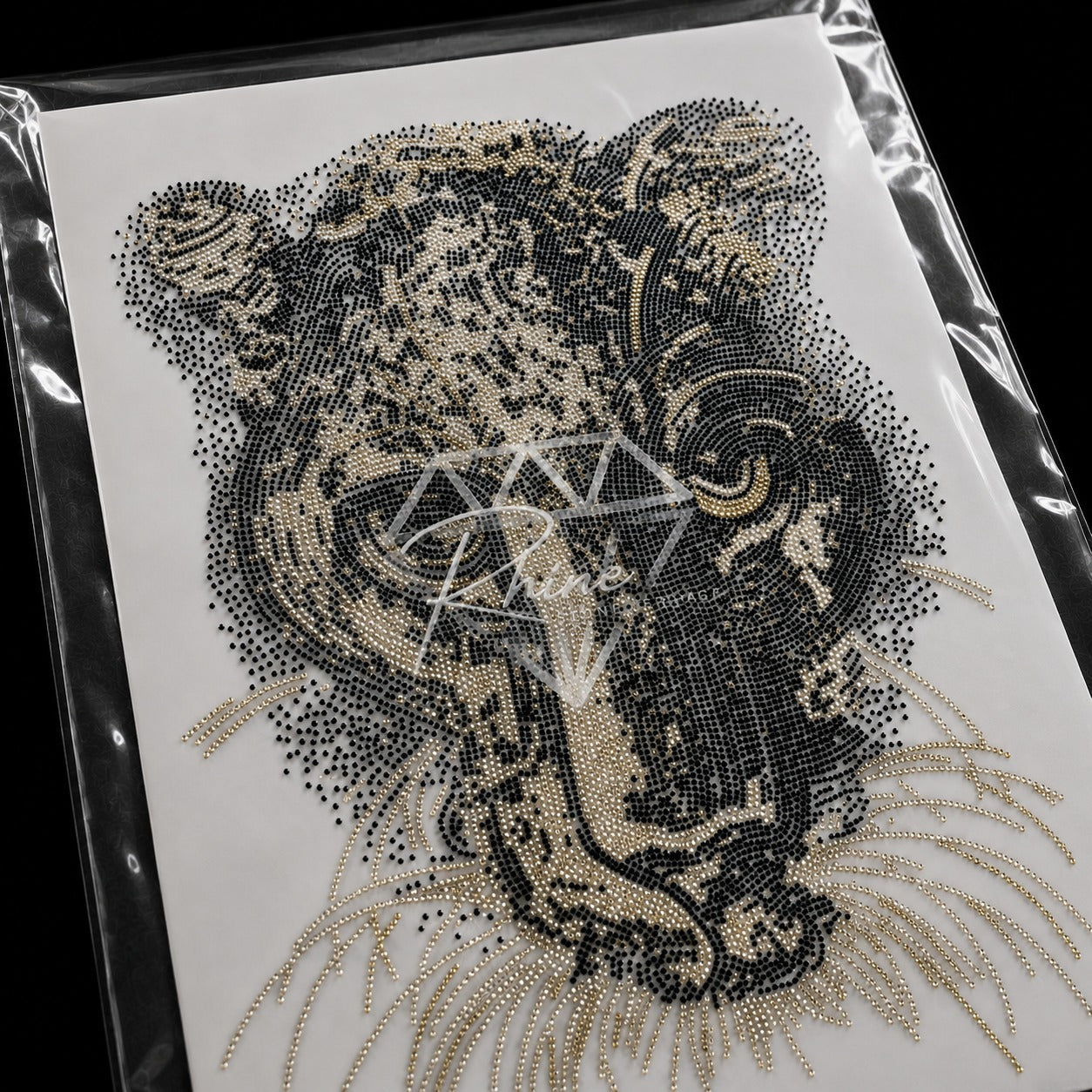 Leopard Panther Head Rhinestone Hotfix Sticker | Black & Gold Iron-On Transfer