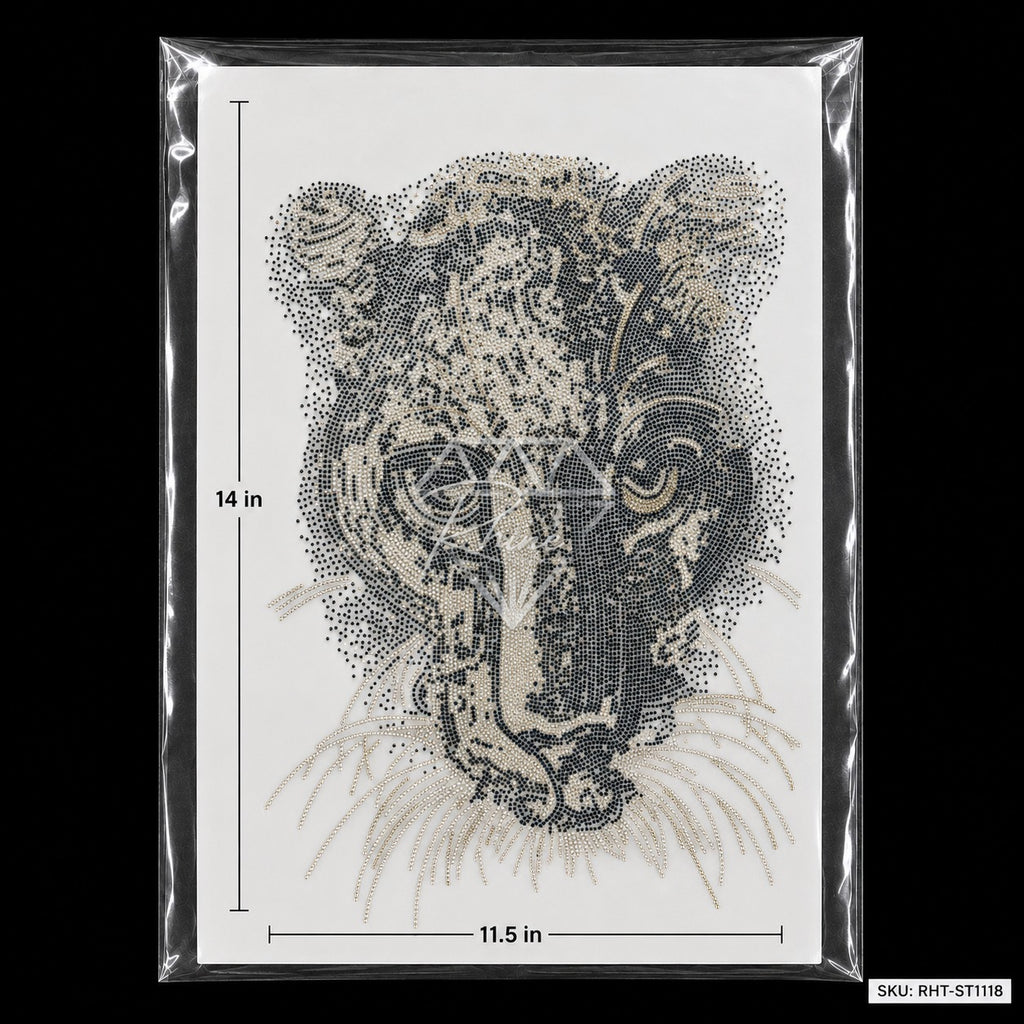 Leopard Panther Head Rhinestone Hotfix Sticker | Black & Gold Iron-On Transfer