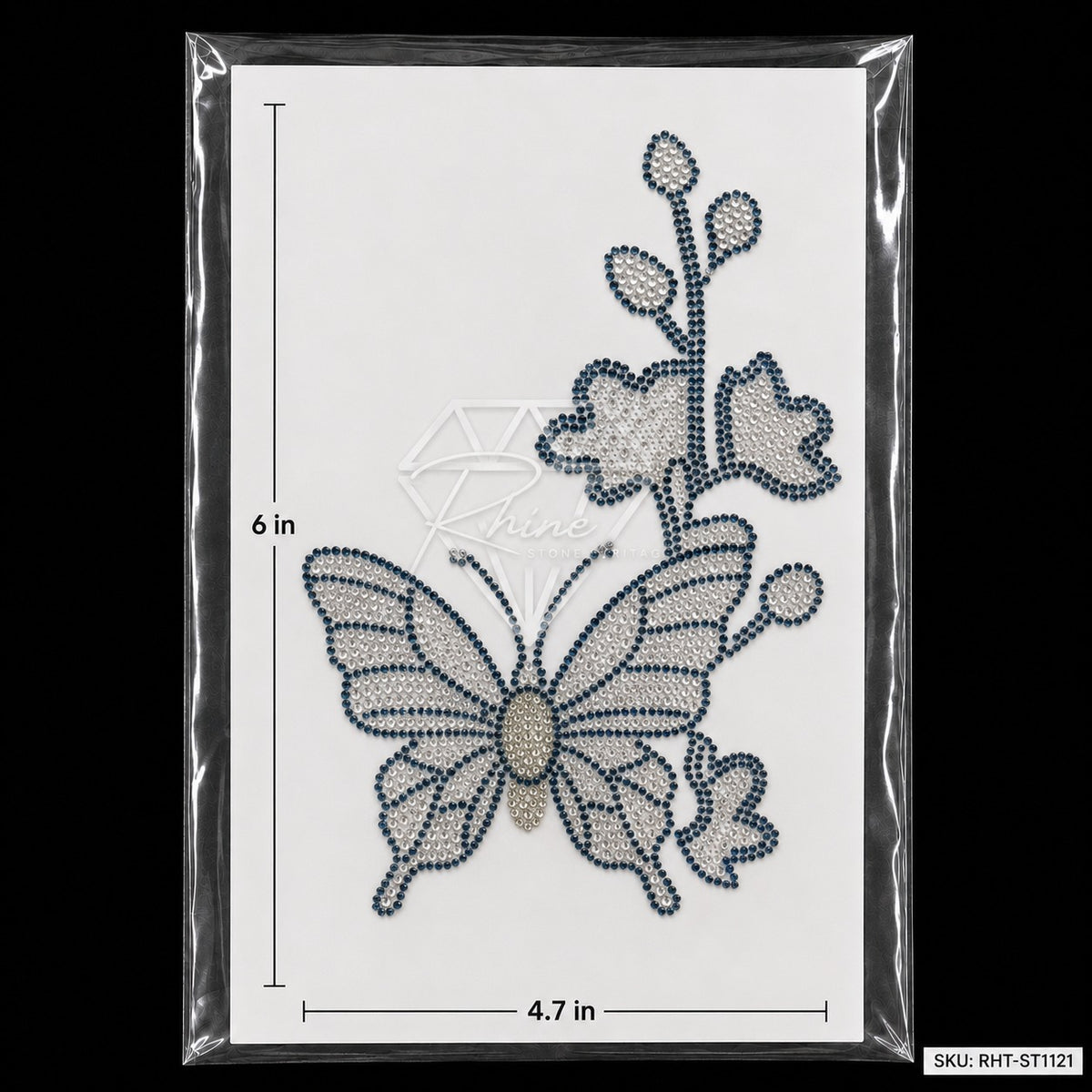 Butterfly & Hibiscus Flower Rhinestone Hotfix Sticker | Montana Blue & Silver Iron-On Transfer