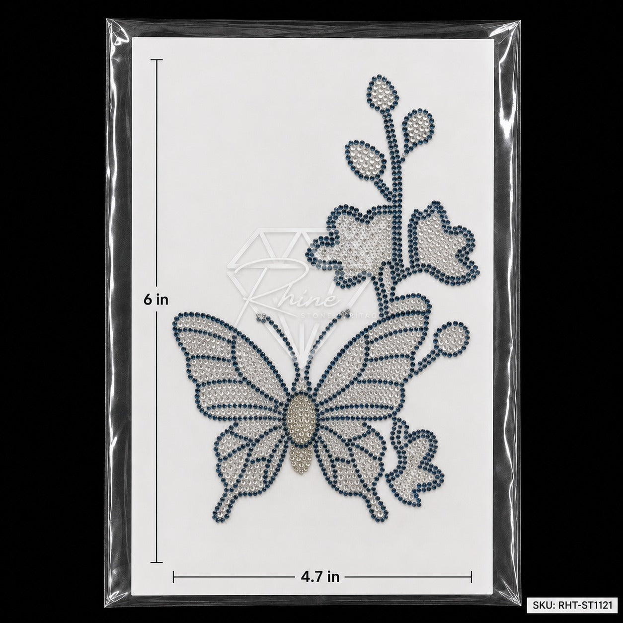 Butterfly & Hibiscus Flower Rhinestone Hotfix Sticker | Montana Blue & Silver Iron-On Transfer