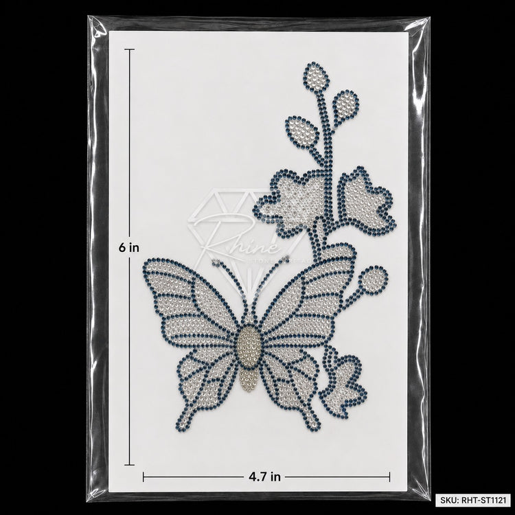 Butterfly & Hibiscus Flower Rhinestone Hotfix Sticker | Montana Blue & Silver Iron-On Transfer
